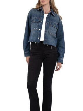 Kut from the Kloth Lana Denim Jacket S Crop Raw Hem Button Flap Pockets Med Wash
